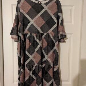 Plaid Knit Tunic Dress – Charcoal, Dusty Rose & Gray Tiered Dress